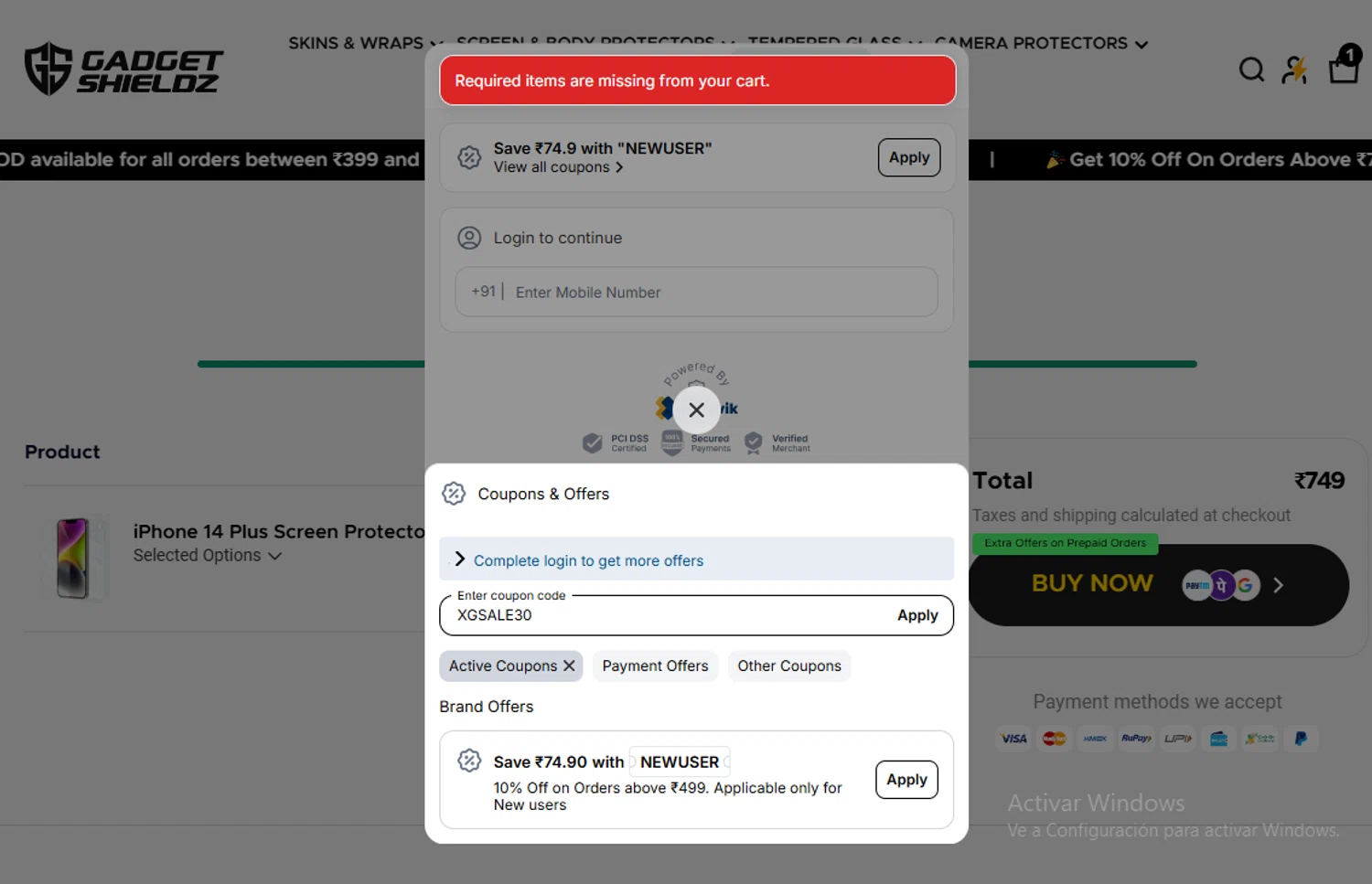 Gadgetshieldz checkout page showing Gadgetshieldz promo code box | Screenshot taken by SimplyCodes community member on Jan 24, 2026
