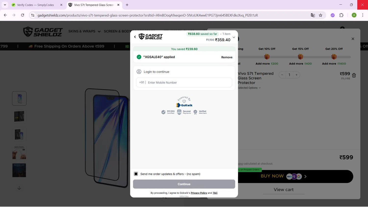 Gadgetshieldz promo code screenshot showing code XGSALE40 applied at Gadgetshieldz checkout page. Uploaded by SimplyCodes community member SavingsHero9122 on Dec 8, 2025