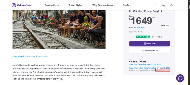 G Adventures checkout page showing G Adventures coupon code box | Screenshot taken by SimplyCodes community member on Sep 4, 2025
