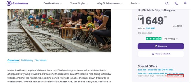 G Adventures checkout page showing G Adventures coupon code box | Screenshot taken by SimplyCodes community member on Sep 5, 2025