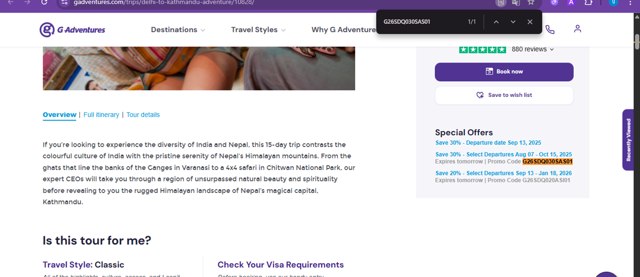 G Adventures checkout page showing G Adventures coupon code box | Screenshot taken by SimplyCodes community member on Aug 30, 2025