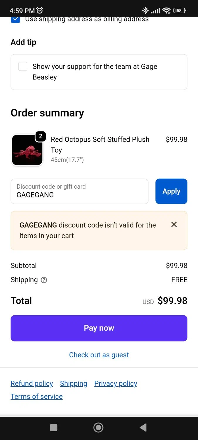 Gage Beasley discount code screenshot showing code GAGEGANG applied at Gage Beasley checkout page. Uploaded by SimplyCodes community member BargainPioneer8286 on Dec 5, 2025