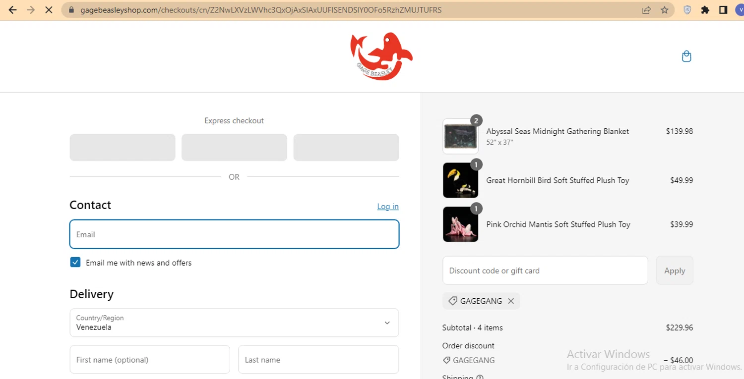 Gage Beasley discount code screenshot showing code GAGEGANG applied at Gage Beasley checkout page. Uploaded by SimplyCodes community member beatrizcastillo on Mar 11, 2025