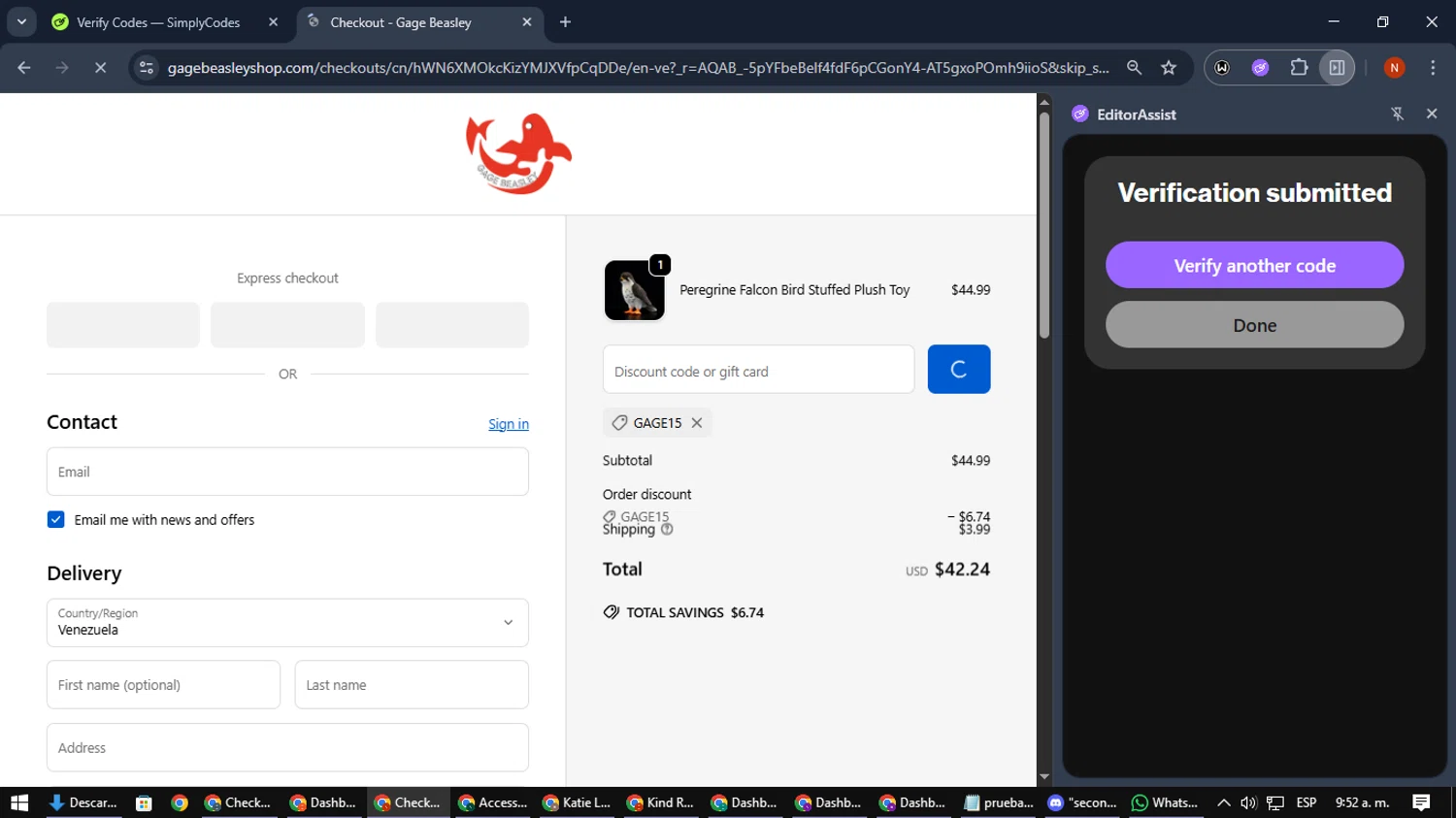 Gage Beasley discount code screenshot showing code GAGE15 applied at Gage Beasley checkout page. Uploaded by SimplyCodes community member MagnificentScout194 on Dec 17, 2025