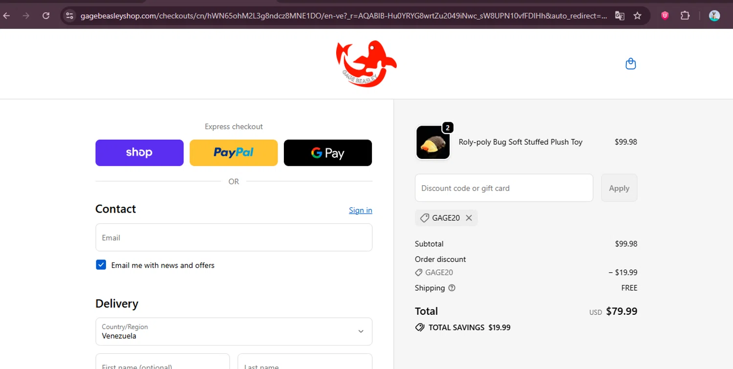Gage Beasley discount code screenshot showing code GAGE20 applied at Gage Beasley checkout page. Uploaded by SimplyCodes community member elgatobravo on Dec 5, 2025