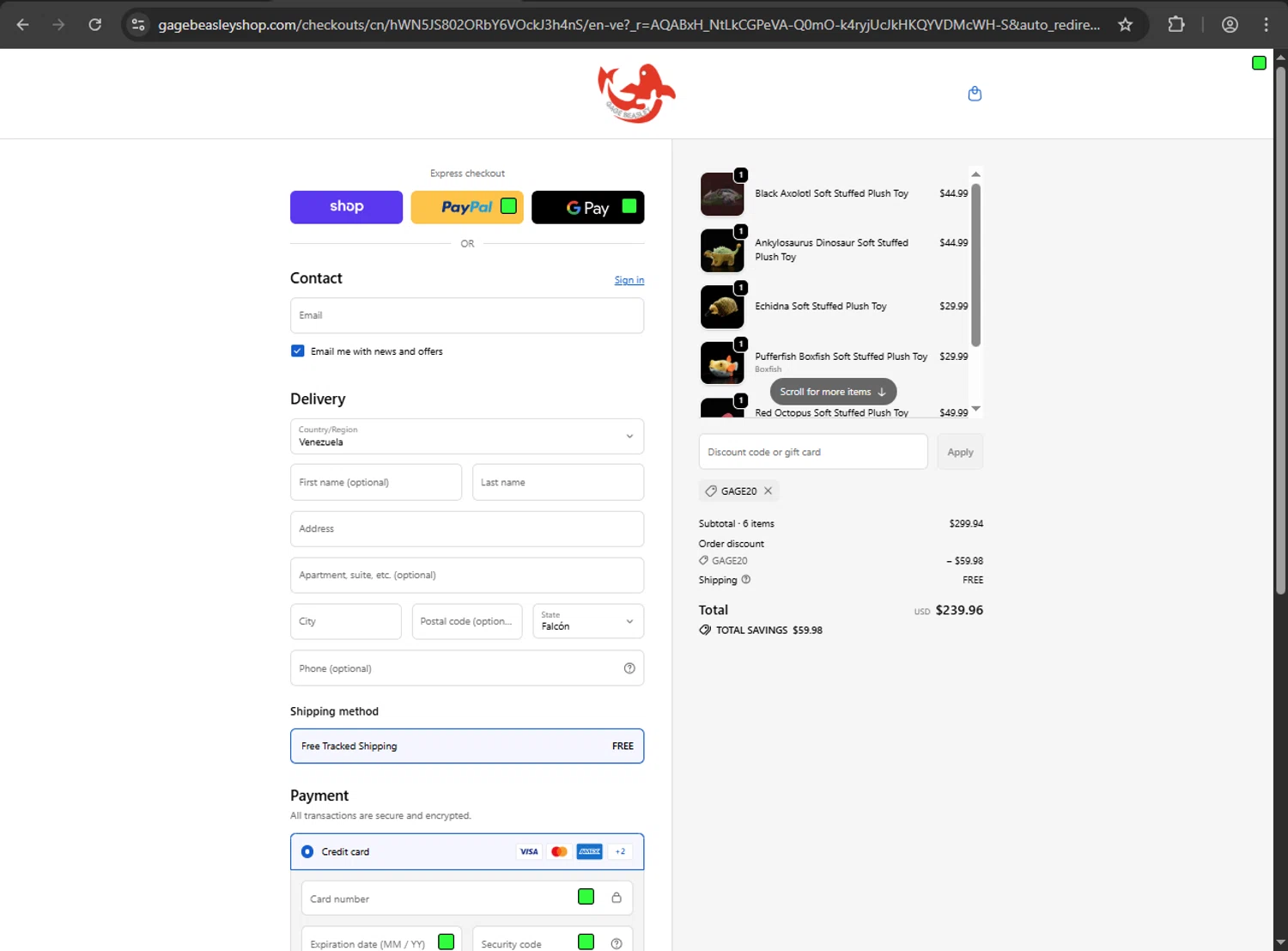 Gage Beasley discount code screenshot showing code GAGE20 applied at Gage Beasley checkout page. Uploaded by SimplyCodes community member kaiserser on Nov 15, 2025