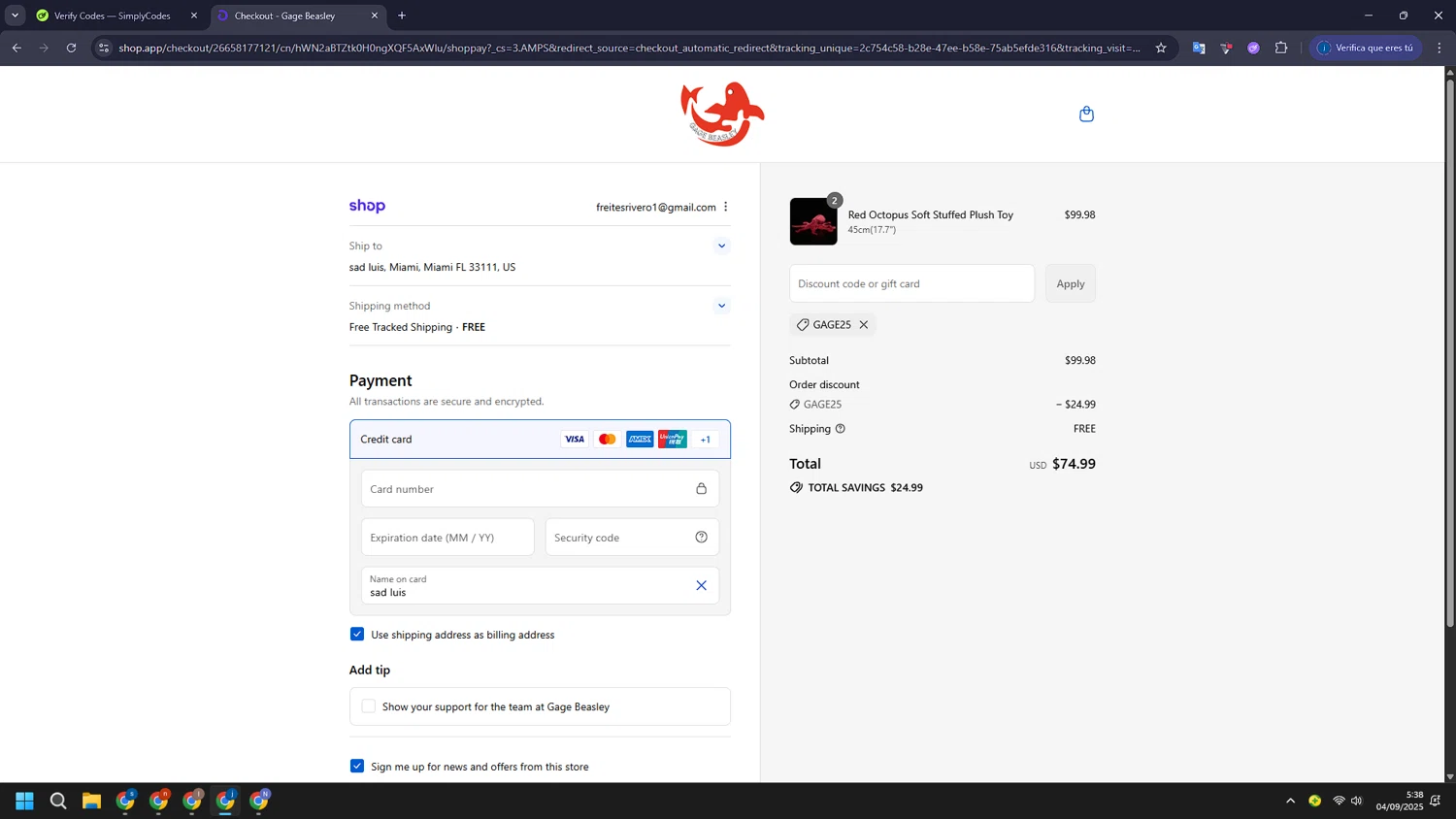 Gage Beasley discount code screenshot showing code GAGE25 applied at Gage Beasley checkout page. Uploaded by SimplyCodes community member CashLegend3767 on Sep 4, 2025