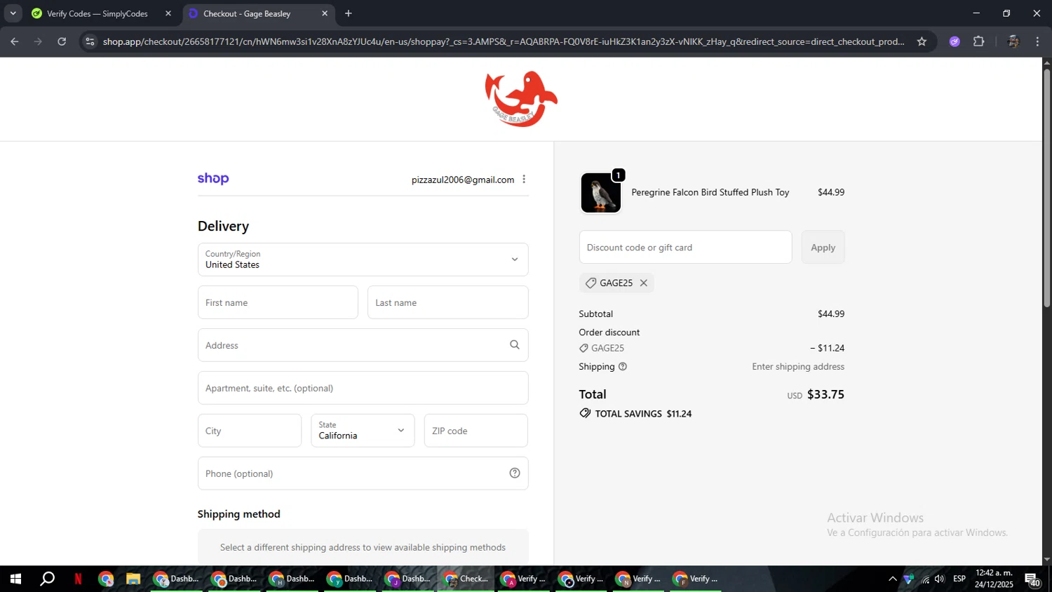 Gage Beasley discount code screenshot showing code GAGE25 applied at Gage Beasley checkout page. Uploaded by SimplyCodes community member xxdddd on Dec 24, 2025