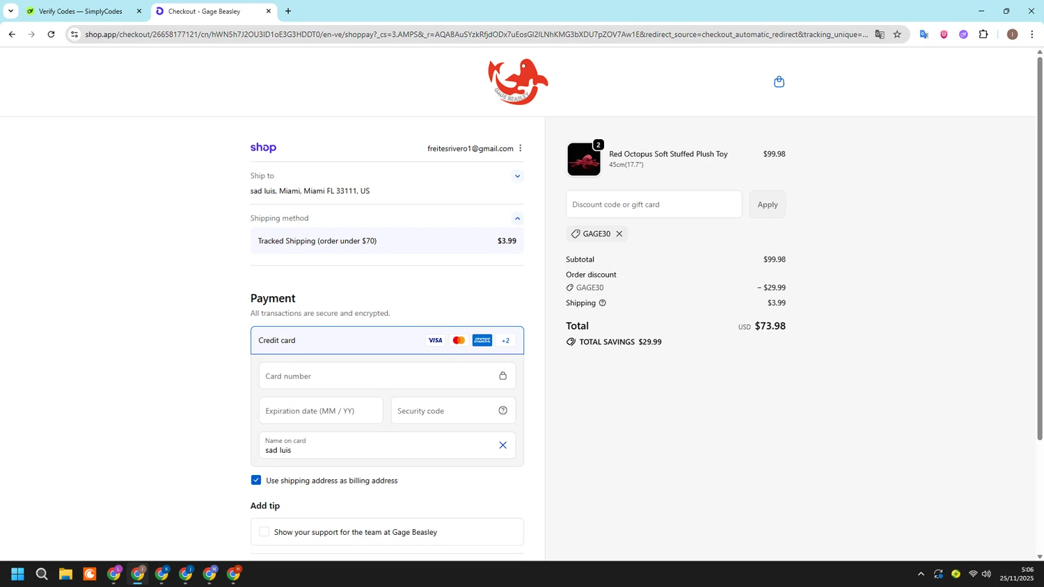 Gage Beasley discount code screenshot showing code GAGE30 applied at Gage Beasley checkout page. Uploaded by SimplyCodes community member CashSleuth106 on Nov 25, 2025
