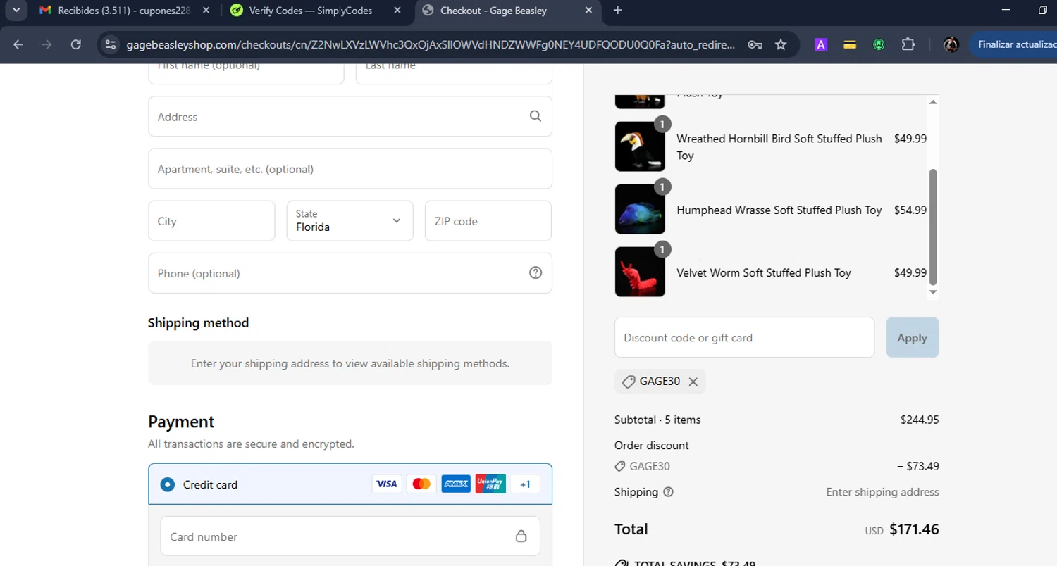 Gage Beasley discount code screenshot showing code GAGE30 applied at Gage Beasley checkout page. Uploaded by SimplyCodes community member Eduard on Jun 26, 2025