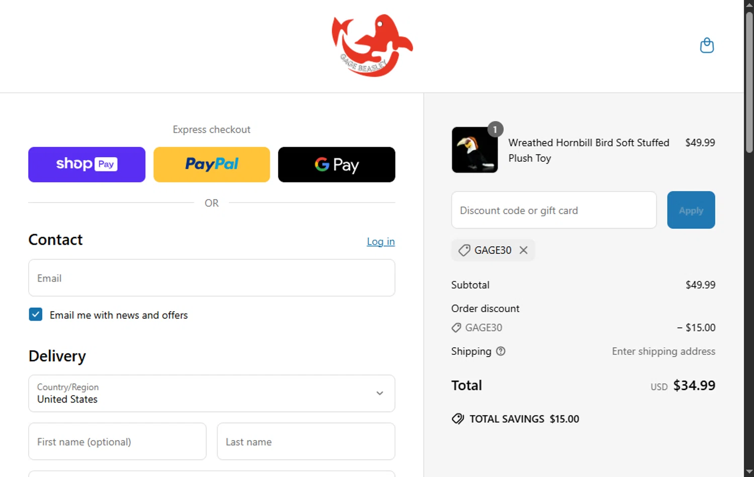 Gage Beasley discount code screenshot showing code GAGE30 applied at Gage Beasley checkout page. Uploaded by SimplyCodes community member MagnificentFalcon188 on May 15, 2025