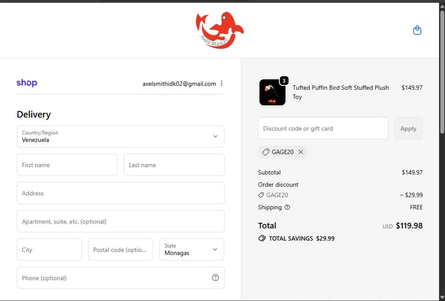 Gage Beasley discount code screenshot showing code gage20 applied at Gage Beasley checkout page. Uploaded by SimplyCodes community member Axlqbi on Oct 9, 2025