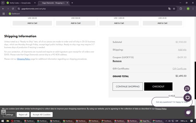 Gage Diamonds checkout page showing Gage Diamonds coupon code box | Screenshot taken by SimplyCodes community member on Mar 11, 2025