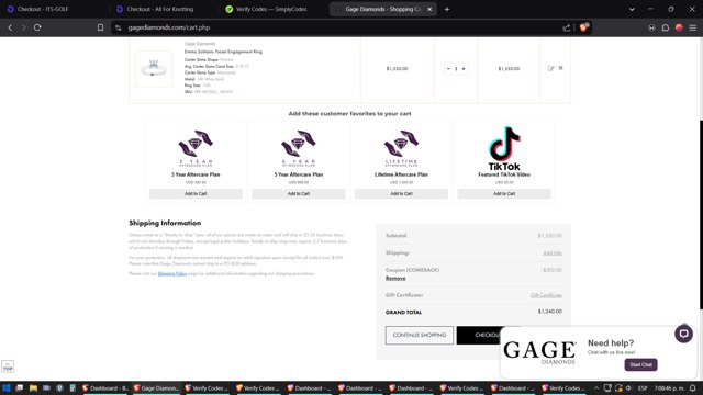 Gage Diamonds checkout page showing Gage Diamonds coupon code box | Screenshot taken by SimplyCodes community member on Mar 6, 2025