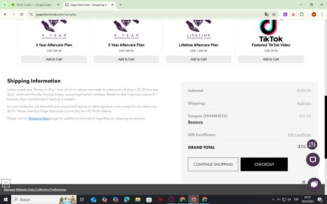Gage Diamonds checkout page showing Gage Diamonds coupon code box | Screenshot taken by SimplyCodes community member on Apr 30, 2025