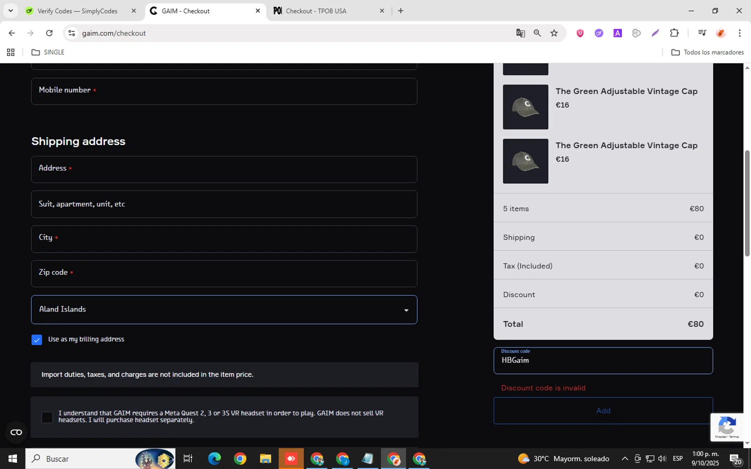 GAIM promo code screenshot showing code HBGaim applied at GAIM checkout page. Uploaded by SimplyCodes community member donaldJtrump on Oct 9, 2025