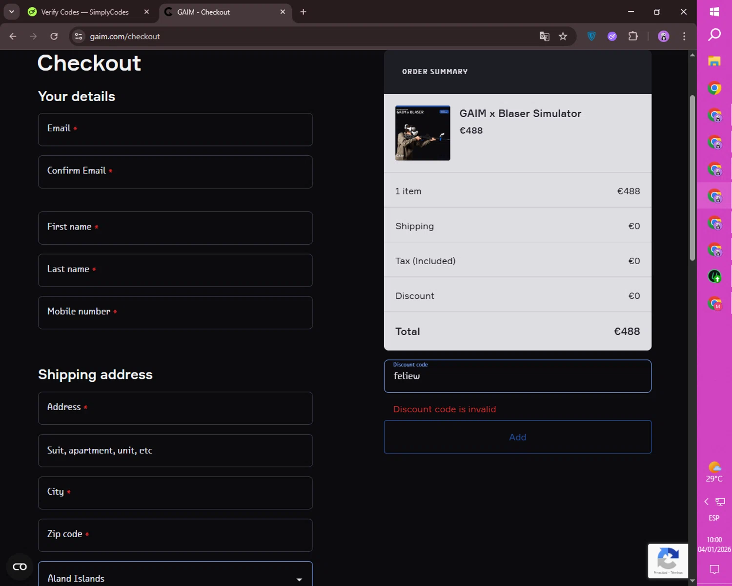 GAIM promo code screenshot showing code feliew applied at GAIM checkout page. Uploaded by SimplyCodes community member ositouno on Jan 4, 2026