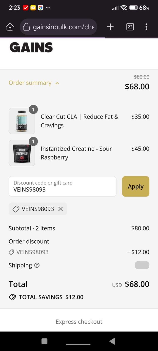 Gains in Bulk checkout page showing Gains in Bulk coupon code box | Screenshot taken by SimplyCodes community member on Sep 10, 2025