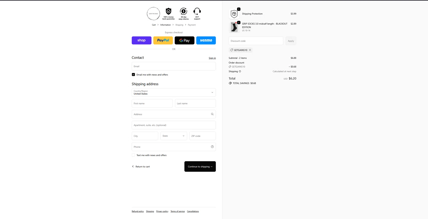 Gain The Edge discount code screenshot showing code GETGAINS10 applied at Gain The Edge checkout page. Uploaded by SimplyCodes community member bluemoony on Oct 23, 2025
