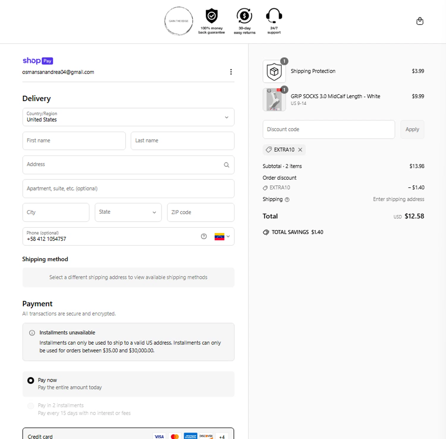 Gain The Edge discount code screenshot showing code EXTRA10 applied at Gain The Edge checkout page. Uploaded by SimplyCodes community member ElonMusk on Apr 1, 2025