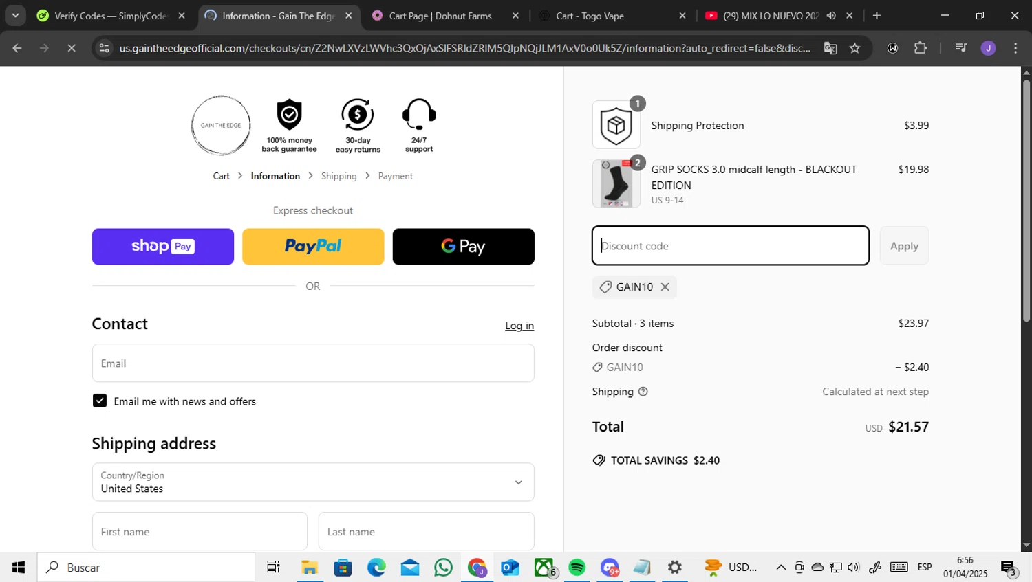 Gain The Edge discount code screenshot showing code GAIN10 applied at Gain The Edge checkout page. Uploaded by SimplyCodes community member ENCARAMESSI on Apr 1, 2025