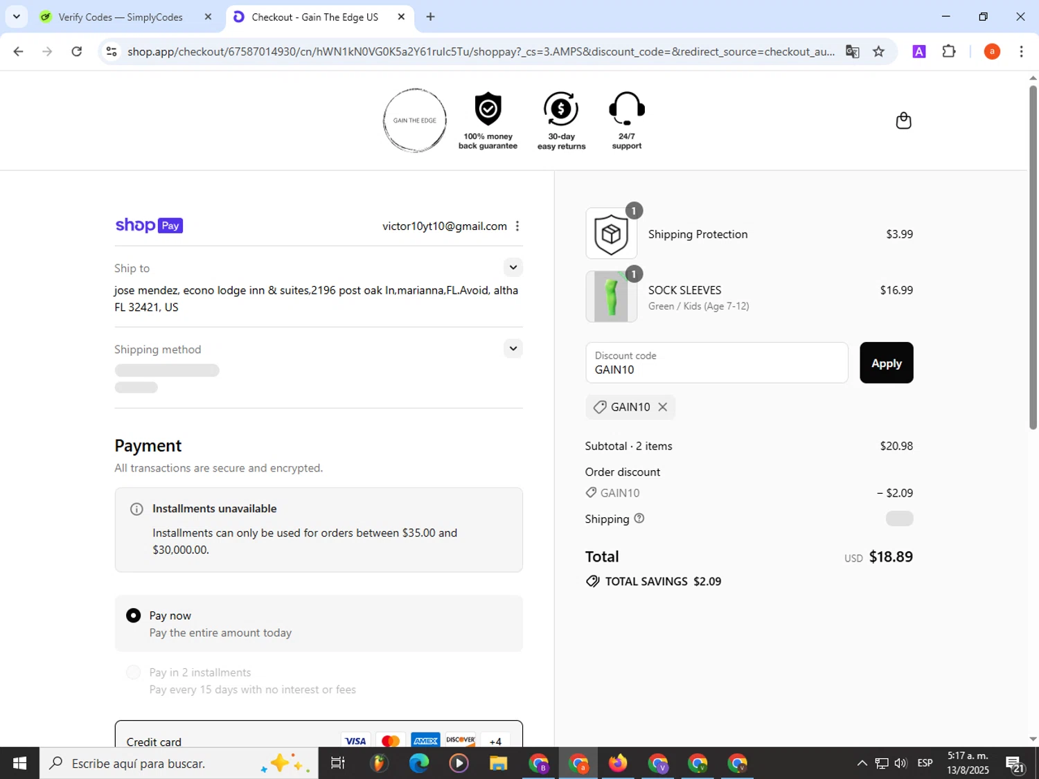 Gain The Edge discount code screenshot showing code GAIN10 applied at Gain The Edge checkout page. Uploaded by SimplyCodes community member partenalgas on Aug 13, 2025