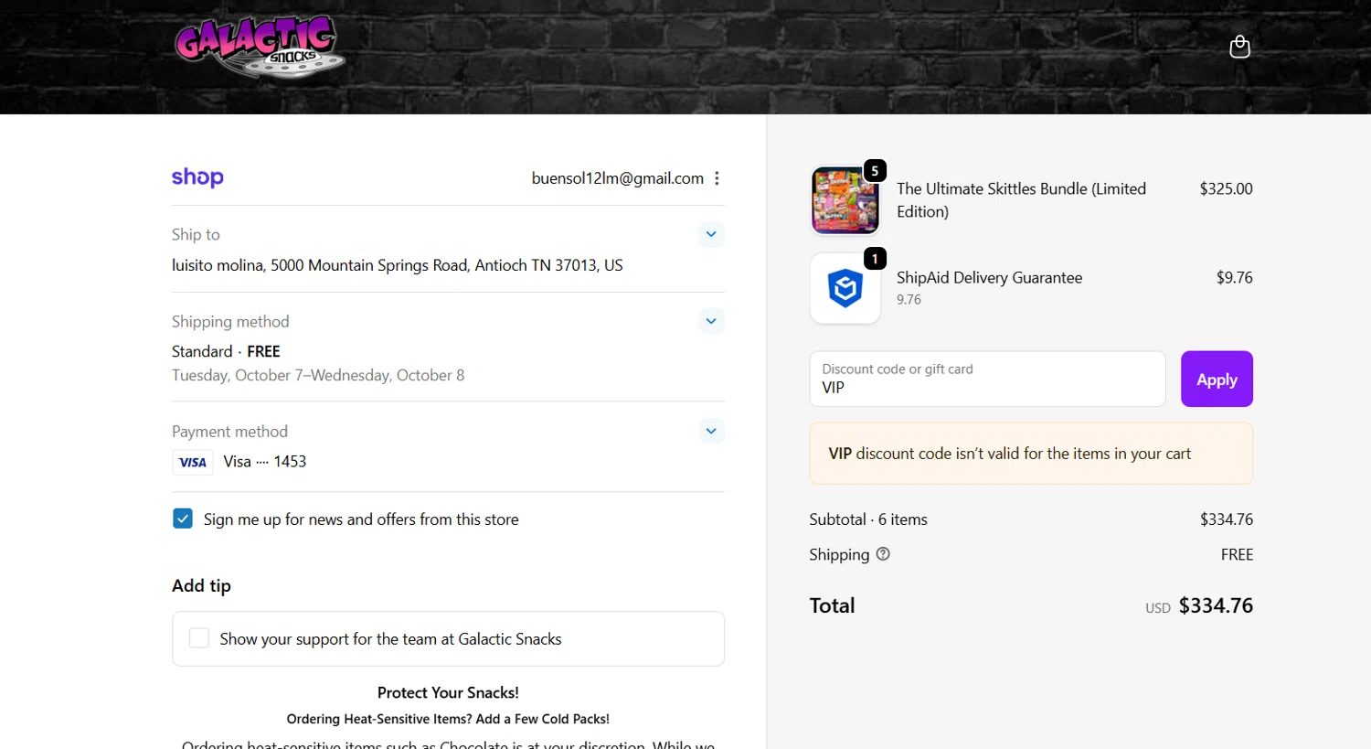 Galactic Snacks discount code screenshot showing code VIP applied at Galactic Snacks checkout page. Uploaded by SimplyCodes community member CoinWhiz6239 on Sep 30, 2025