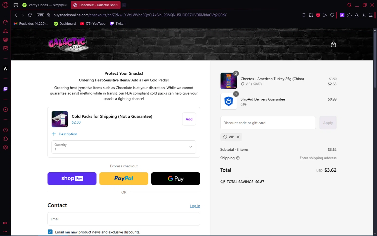 Galactic Snacks discount code screenshot showing code VIP applied at Galactic Snacks checkout page. Uploaded by SimplyCodes community member VoucherAce8469 on Jun 13, 2025