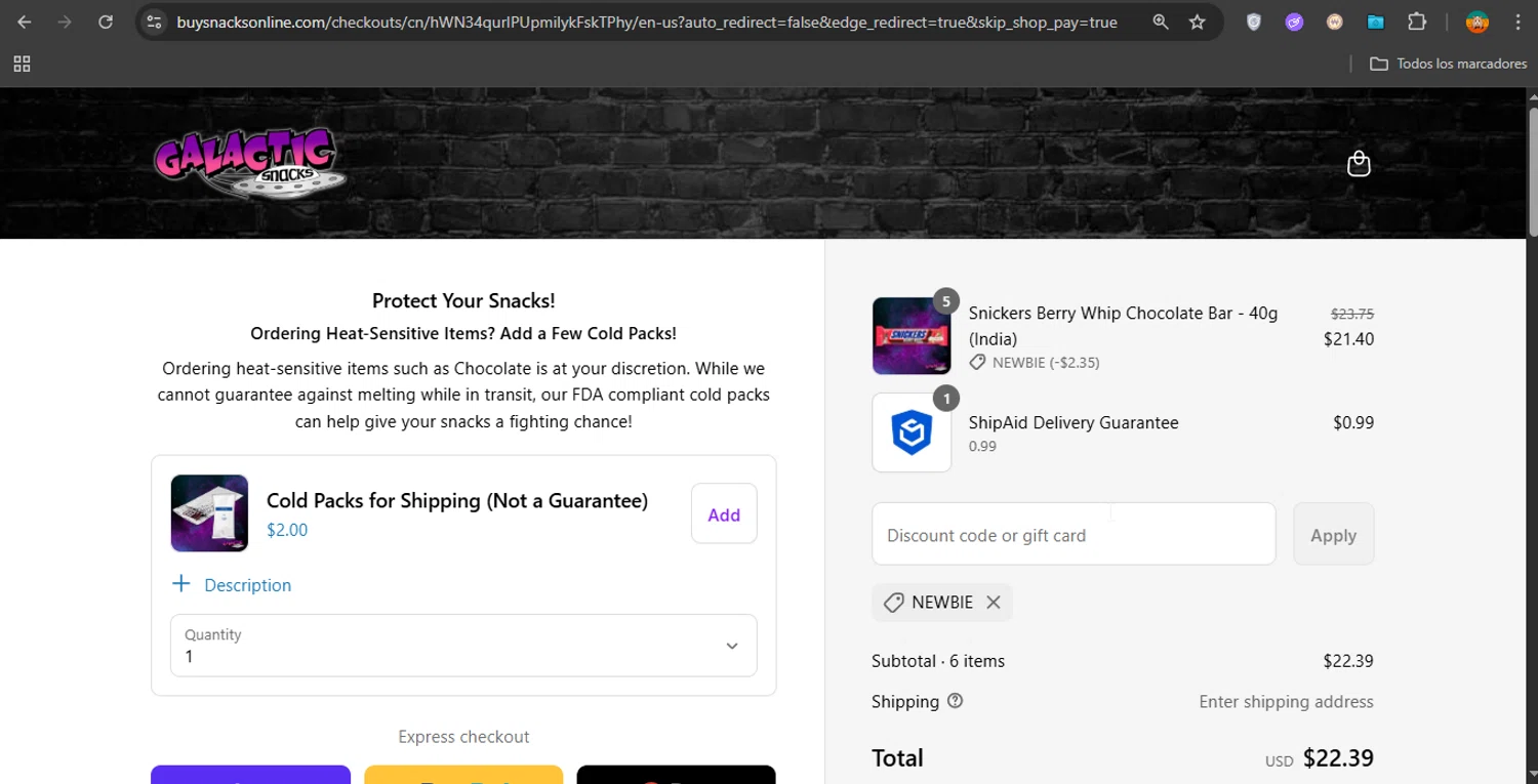 Galactic Snacks discount code screenshot showing code NEWBIE applied at Galactic Snacks checkout page. Uploaded by SimplyCodes community member PrimeShopper6600 on Sep 17, 2025