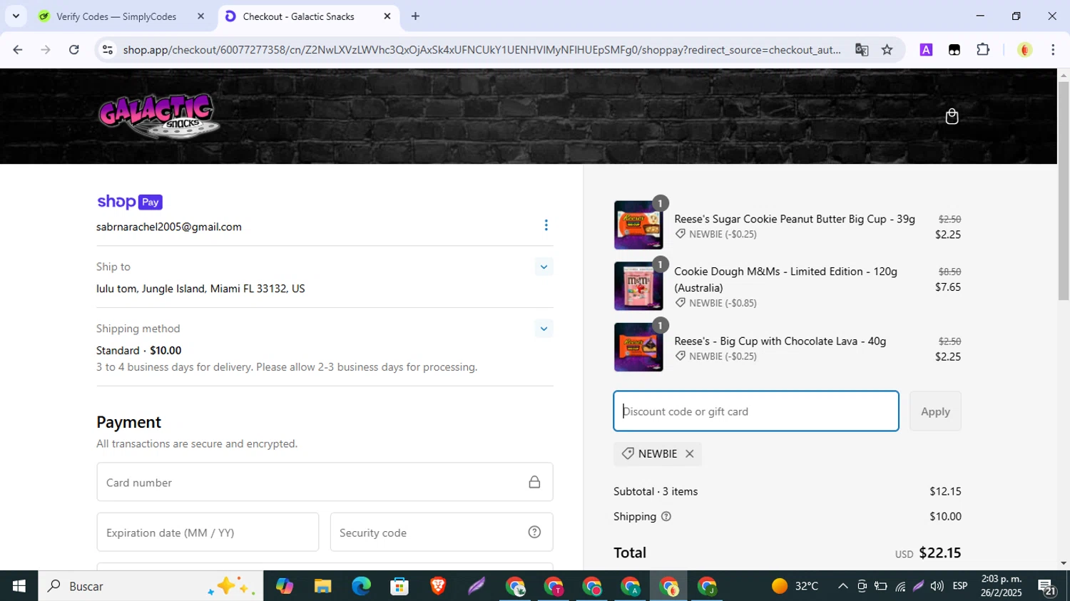 Galactic Snacks discount code screenshot showing code NEWBIE applied at Galactic Snacks checkout page. Uploaded by SimplyCodes community member SmartMonarch9718 on Feb 26, 2025