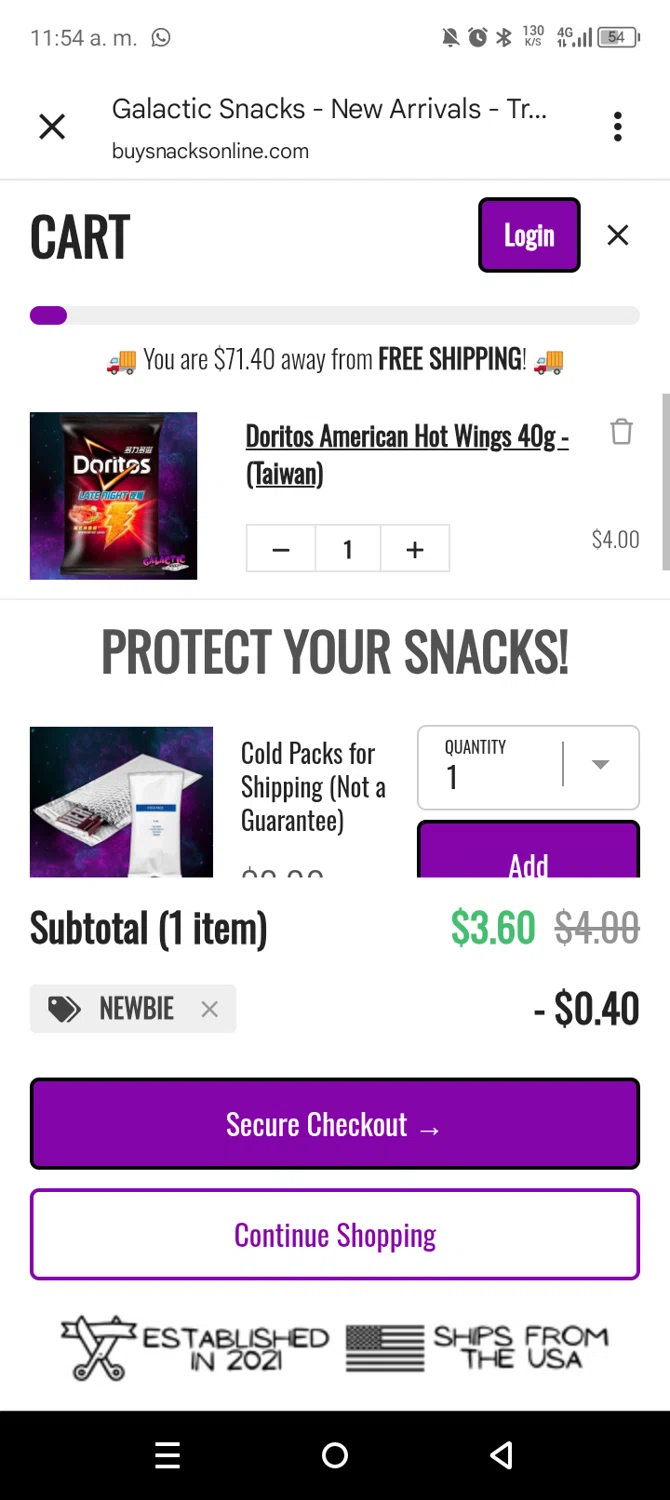Galactic Snacks discount code screenshot showing code NEWBIE applied at Galactic Snacks checkout page. Uploaded by SimplyCodes community member leiraM on Nov 15, 2025