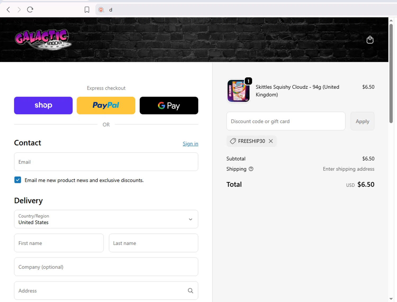 Galactic Snacks checkout page showing Galactic Snacks discount code box | Screenshot taken by SimplyCodes community member on Feb 3, 2026