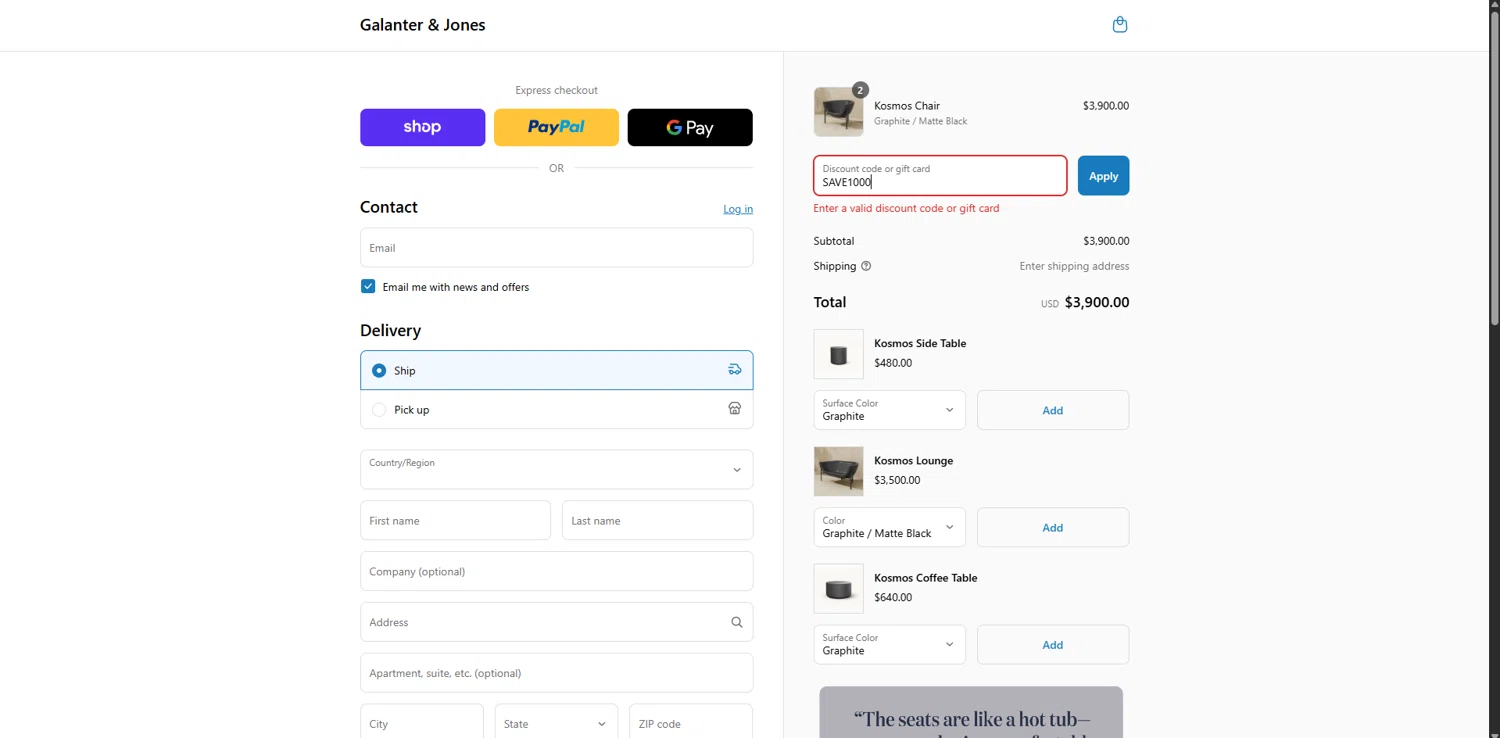 Galanter & Jones promo code screenshot showing code SAVE1000 applied at Galanter & Jones checkout page. Uploaded by SimplyCodes community member VoucherRanger9105 on Sep 8, 2025