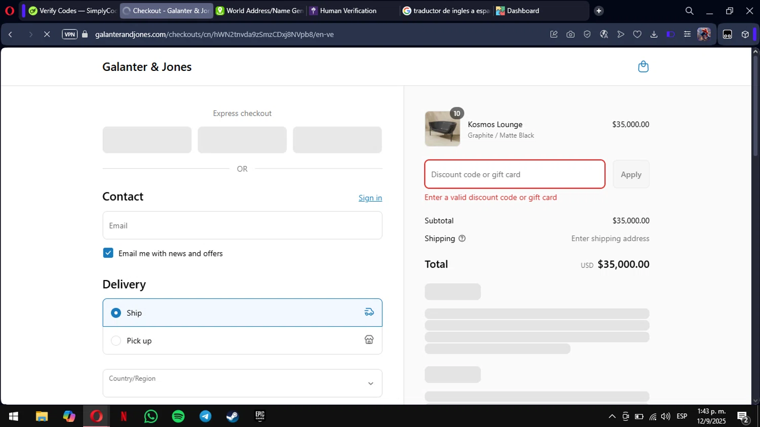 Galanter & Jones promo code screenshot showing code SAVE1000 applied at Galanter & Jones checkout page. Uploaded by SimplyCodes community member mimusuky1 on Sep 12, 2025