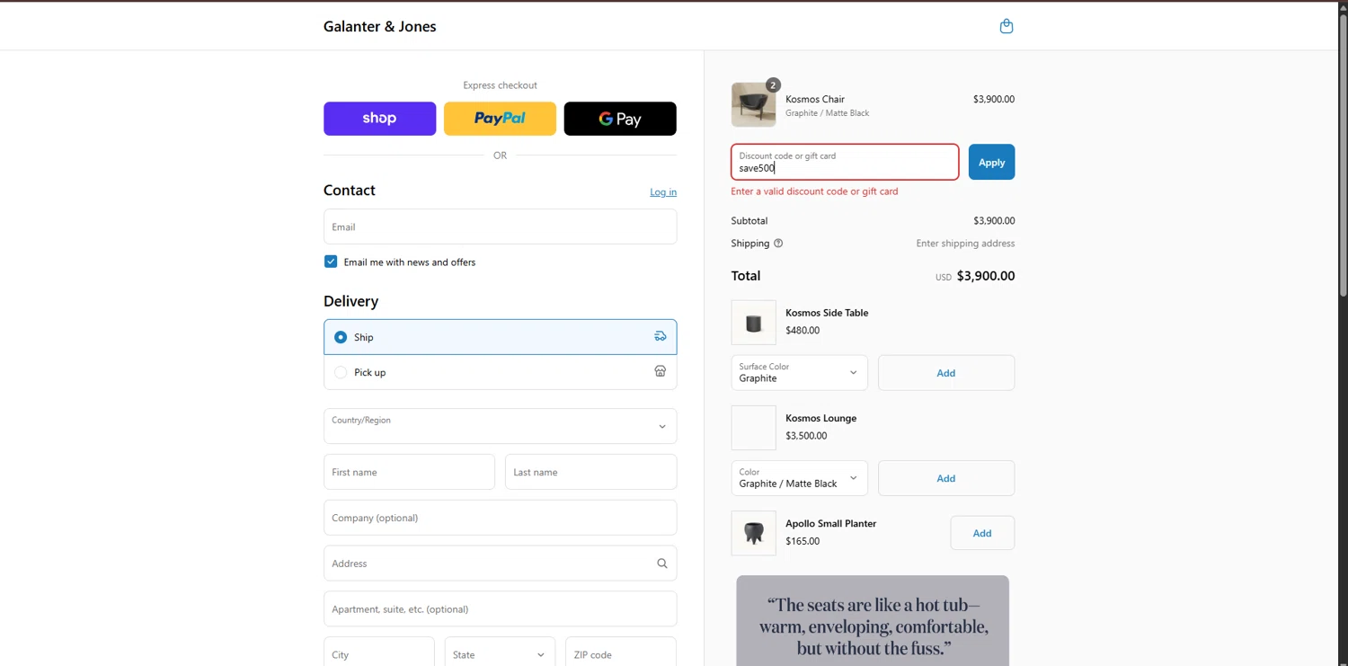 Galanter & Jones promo code screenshot showing code save500 applied at Galanter & Jones checkout page. Uploaded by SimplyCodes community member CouponPro7532 on Sep 4, 2025