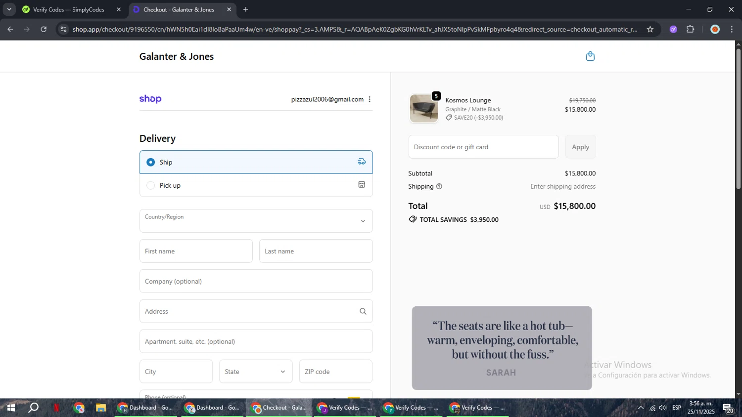 Galanter & Jones promo code screenshot showing code save20 applied at Galanter & Jones checkout page. Uploaded by SimplyCodes community member BonusCaptain9927 on Nov 25, 2025
