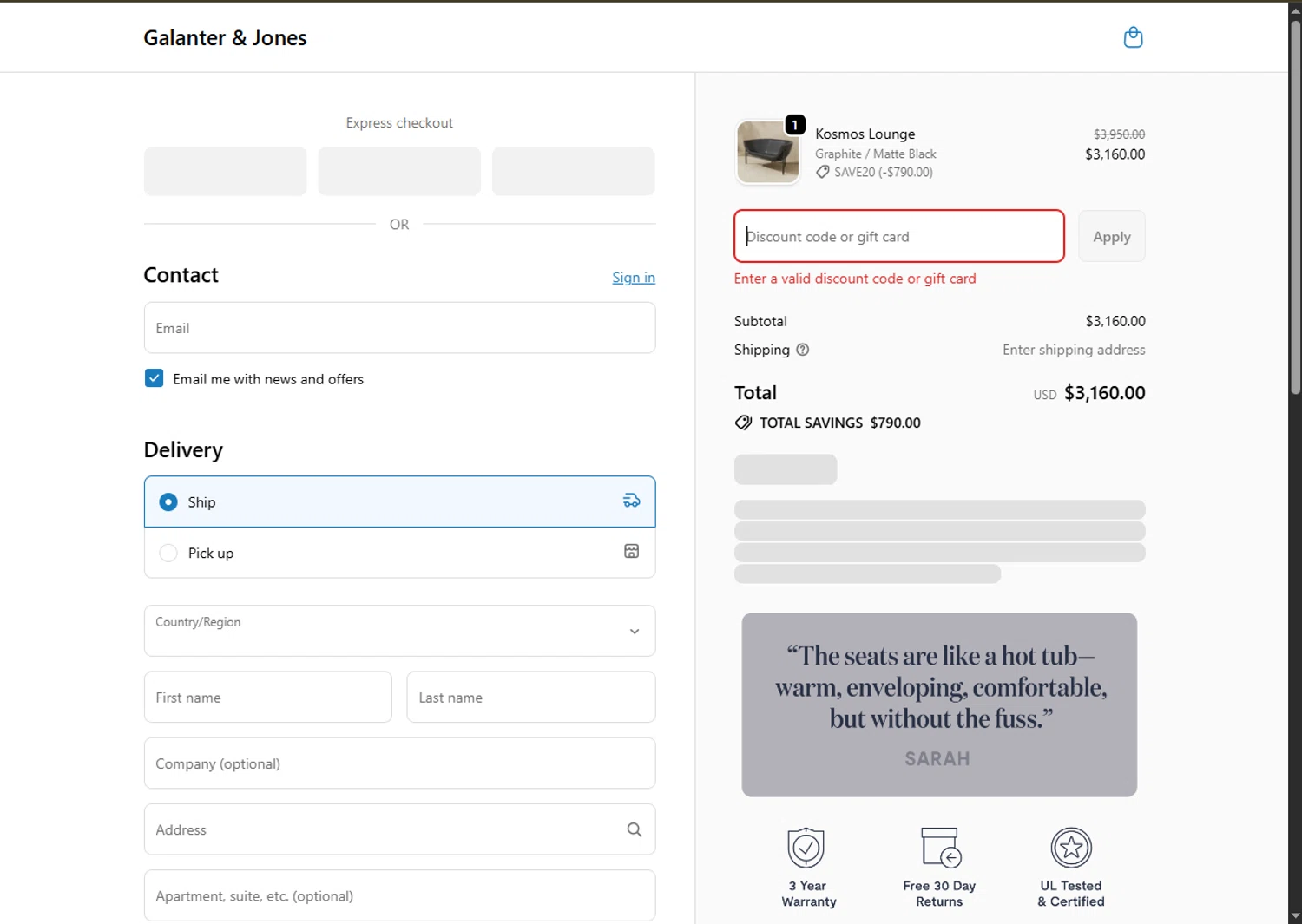 Galanter & Jones promo code screenshot showing code save20 applied at Galanter & Jones checkout page. Uploaded by SimplyCodes community member SwiftTracker8156 on Nov 30, 2025