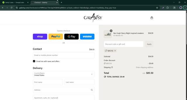 Galartsy checkout page showing Galartsy discount code box | Screenshot taken by SimplyCodes community member on Sep 10, 2025