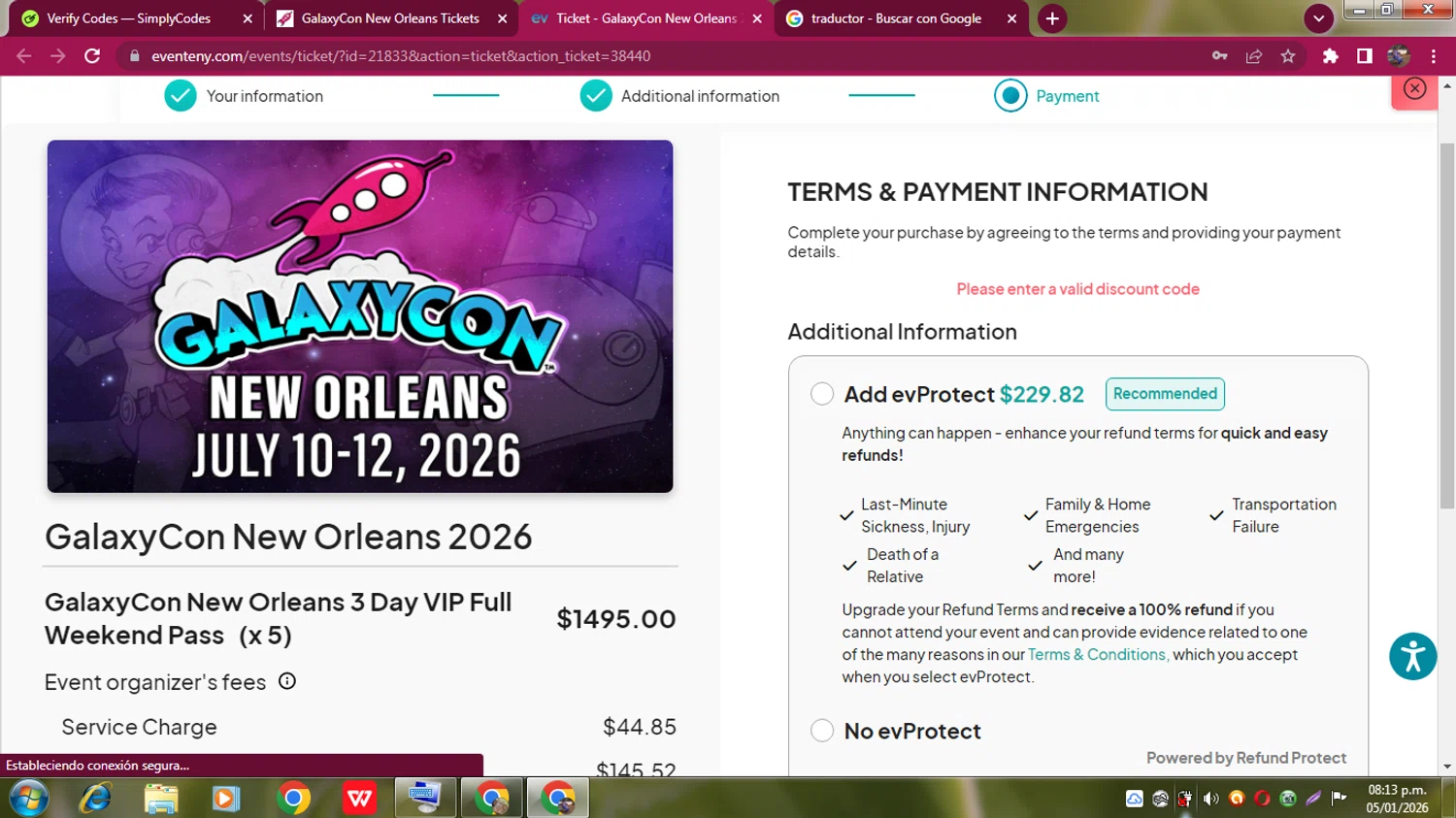 GalaxyCon discount code screenshot showing code ANIMATE20 applied at GalaxyCon checkout page. Uploaded by SimplyCodes community member andresito16 on Jan 6, 2026