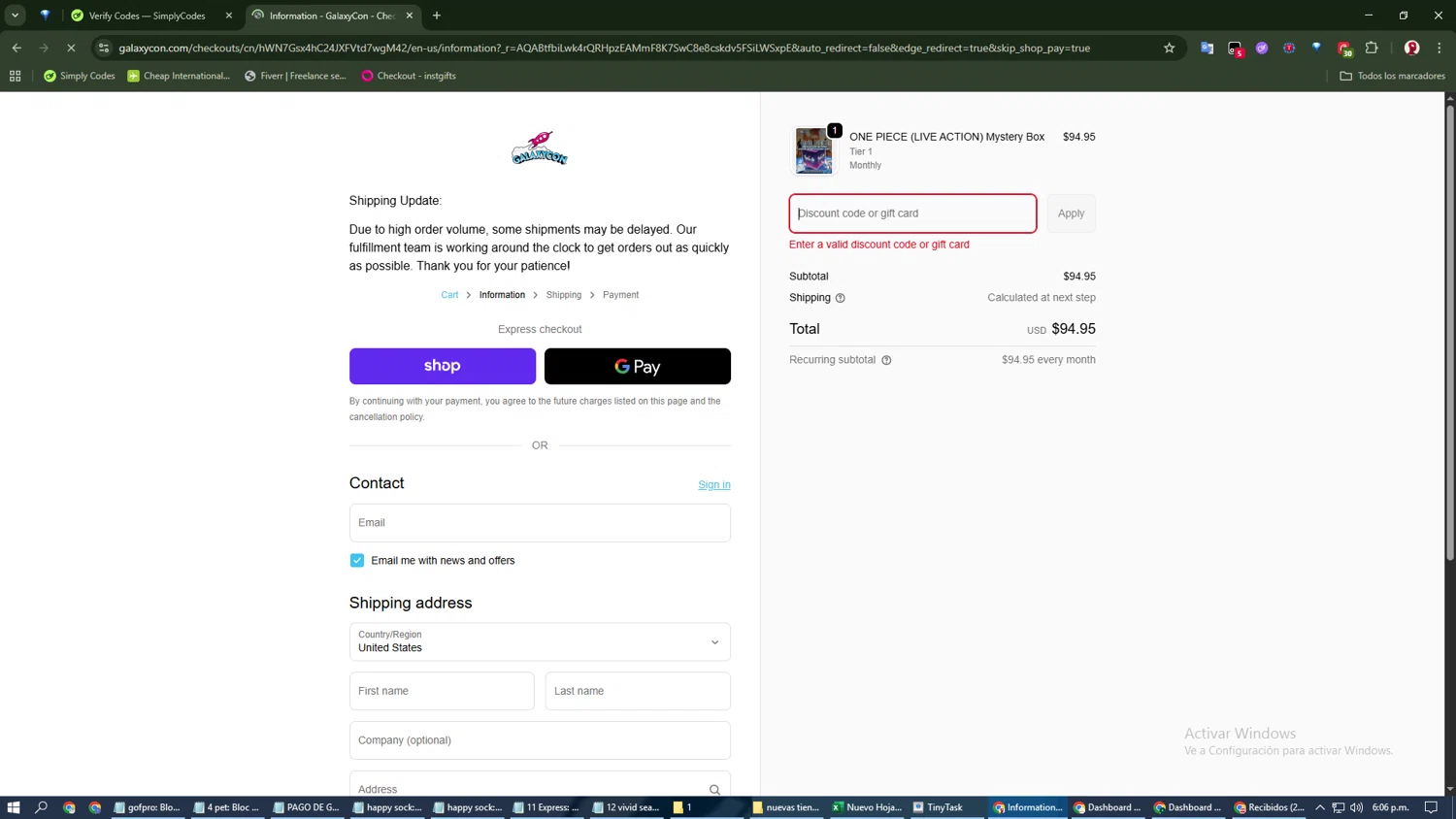 GalaxyCon discount code screenshot showing code GALAXY20 applied at GalaxyCon checkout page. Uploaded by SimplyCodes community member Spiderman_04 on Jan 5, 2026