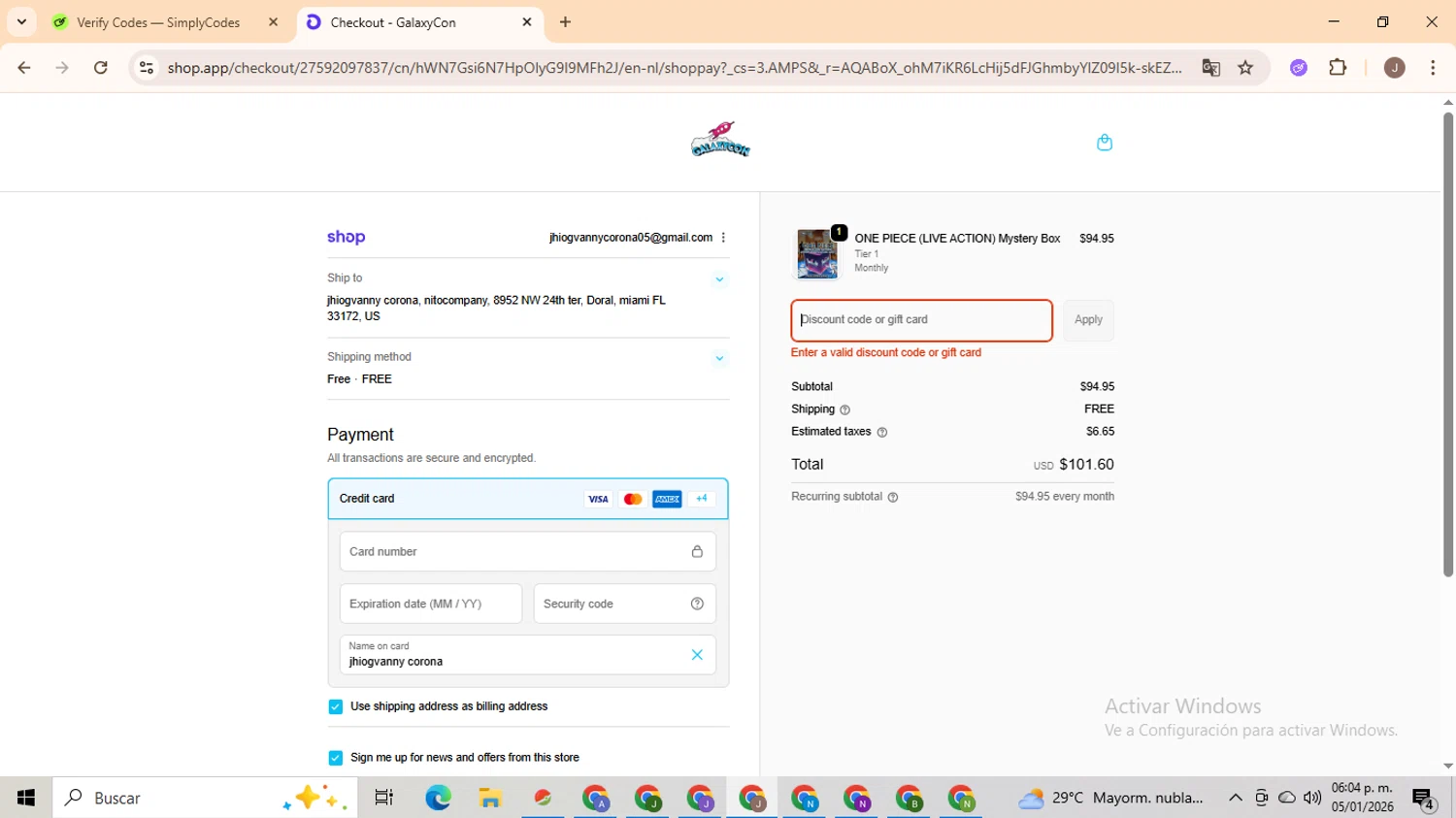 GalaxyCon discount code screenshot showing code GALAXY20 applied at GalaxyCon checkout page. Uploaded by SimplyCodes community member ValiantHero2365 on Jan 5, 2026