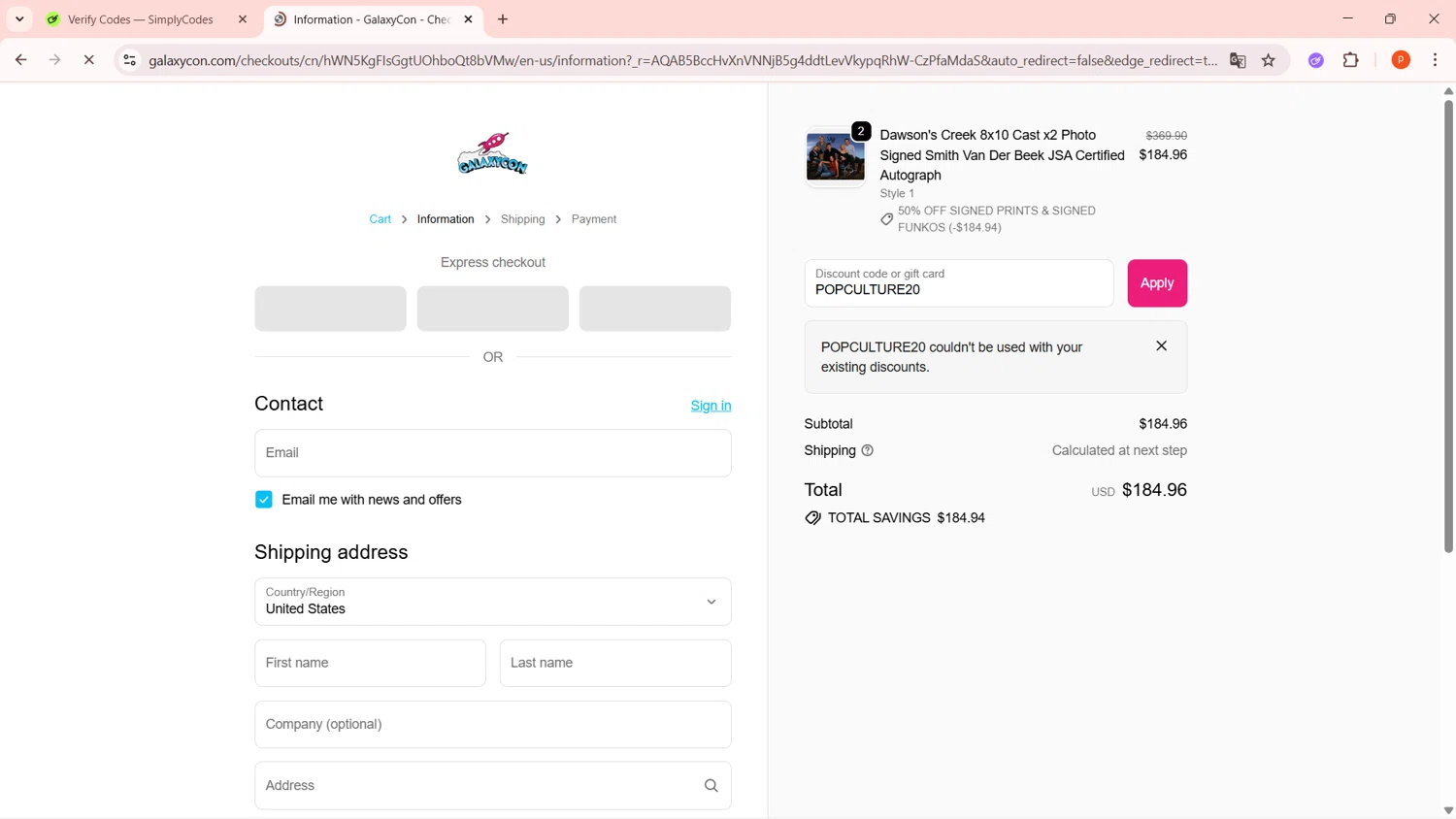 GalaxyCon discount code screenshot showing code POPCULTURE20 applied at GalaxyCon checkout page. Uploaded by SimplyCodes community member LegendaryPro3698 on Nov 15, 2025