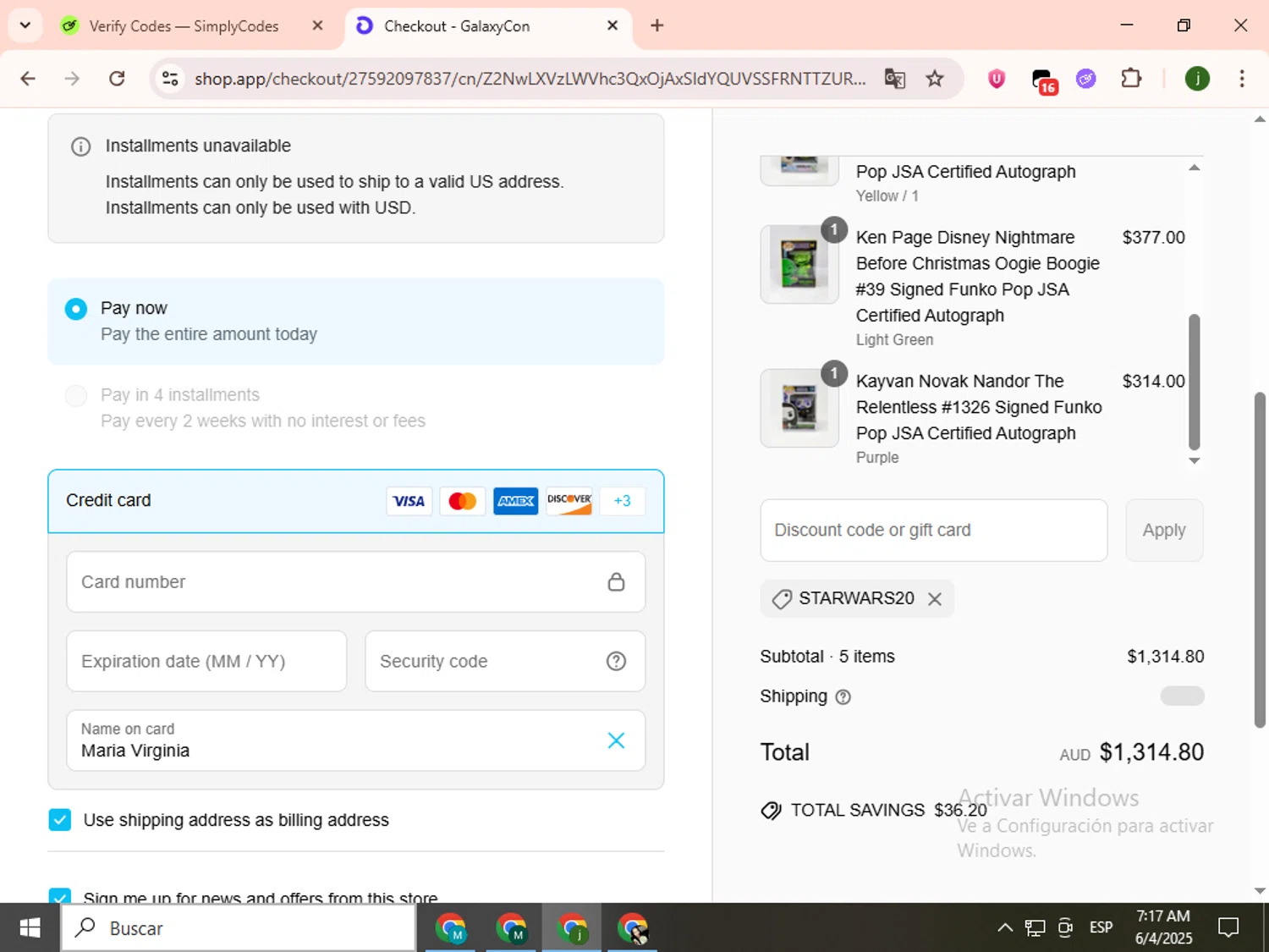 GalaxyCon discount code screenshot showing code STARWARS20 applied at GalaxyCon checkout page. Uploaded by SimplyCodes community member SavingsCollector2592 on Jun 4, 2025