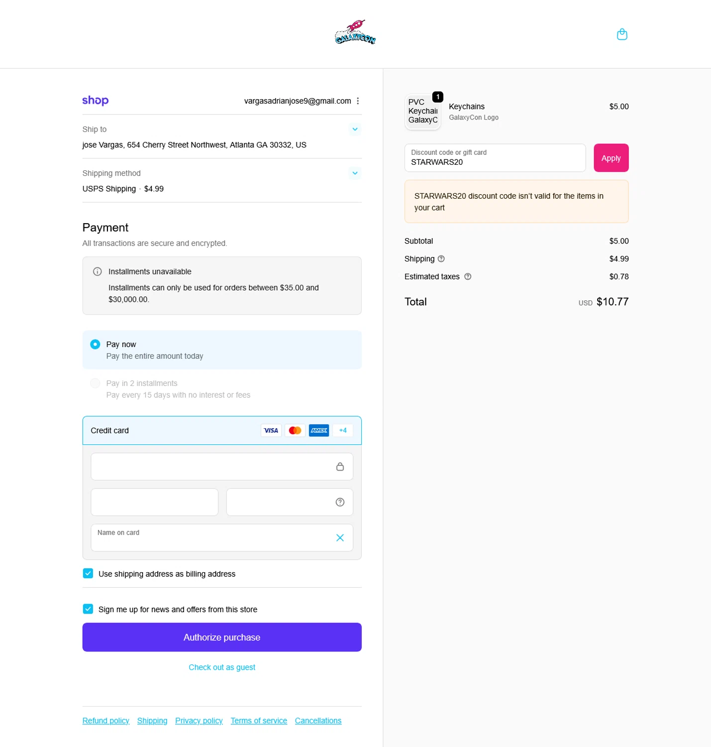 GalaxyCon discount code screenshot showing code STARWARS20 applied at GalaxyCon checkout page. Uploaded by SimplyCodes community member WladimirV on Sep 24, 2025