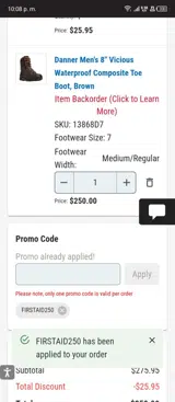 FIRSTAID250 coupon verification screenshot
