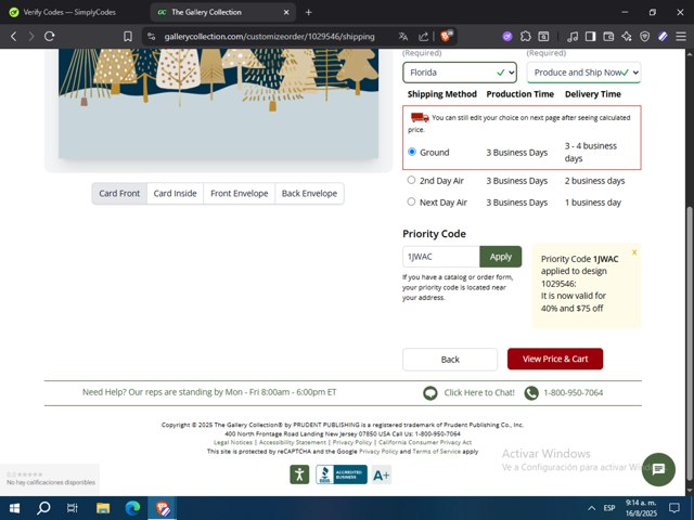 The Gallery Collection checkout page showing The Gallery Collection promo code box | Screenshot taken by SimplyCodes community member on Aug 16, 2025