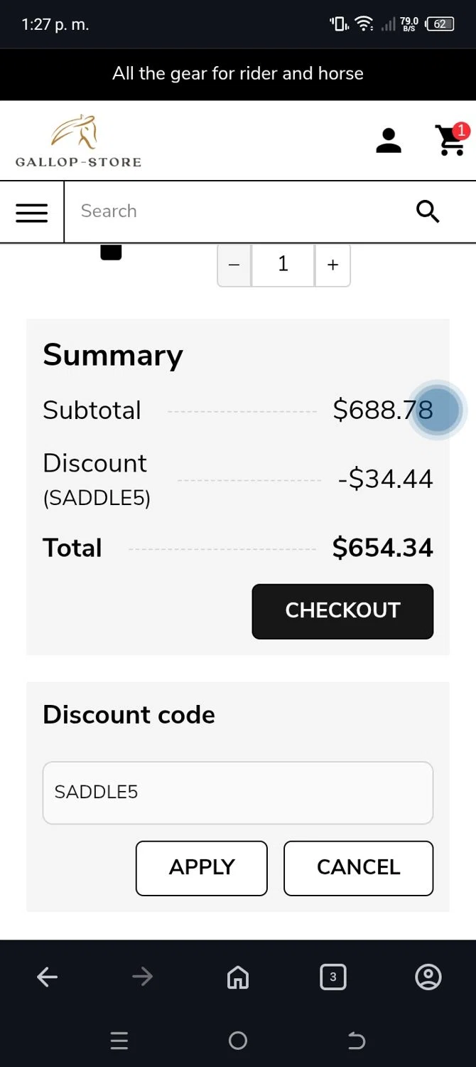 Gallop-Store checkout page showing Gallop-Store promo code box | Screenshot taken by SimplyCodes community member on Oct 17, 2025