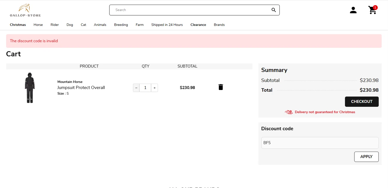 Gallop-Store promo code screenshot showing code BF5 applied at Gallop-Store checkout page. Uploaded by SimplyCodes community member TOTONEROFL on Dec 28, 2025