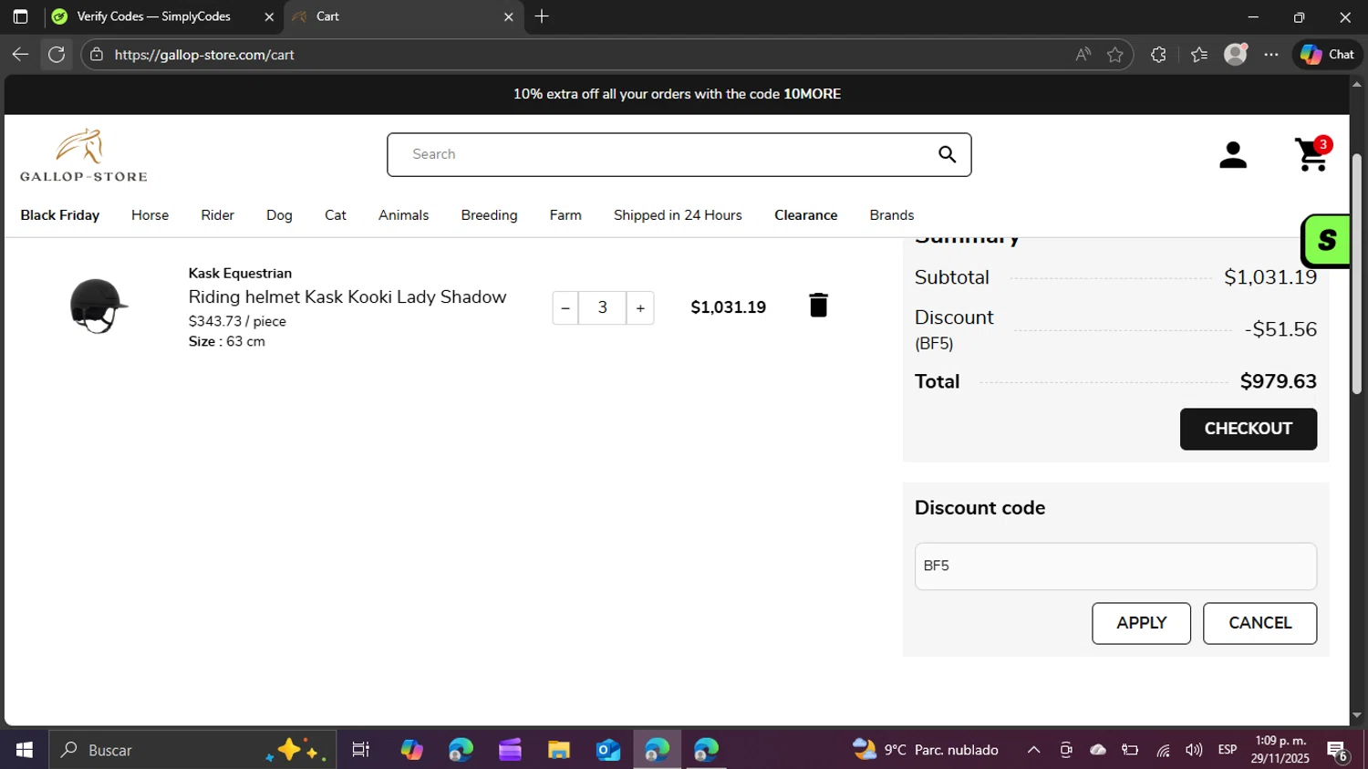 Gallop-Store promo code screenshot showing code BF5 applied at Gallop-Store checkout page. Uploaded by SimplyCodes community member swiftie on Nov 29, 2025