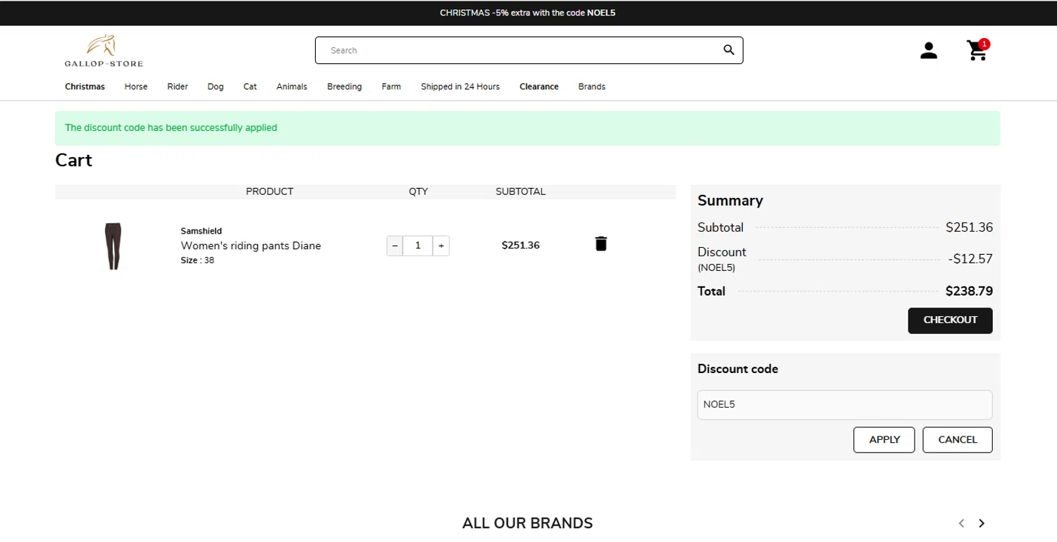 Gallop-Store promo code screenshot showing code NOEL5 applied at Gallop-Store checkout page. Uploaded by SimplyCodes community member ylenisjordan on Dec 6, 2025